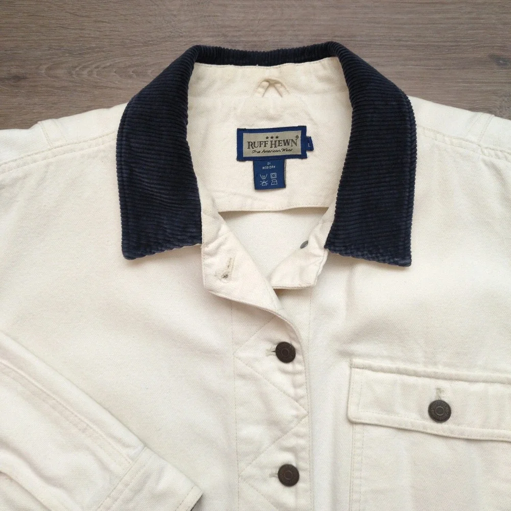 Vtg 90s Ruff Hewn Barn Chore Jacket White Canvas Corduroy Collar Workwear Large